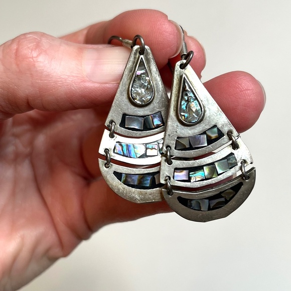 Vintage Abalone Earrings 925 Sterling Silver Mexico Taxco Onyx Dangle Teardrop - Picture 1 of 9